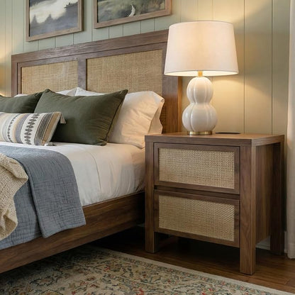 XIAO WEI Set of 2 Rattan Nightstand with Charging Station, Boho Bedside Table with 2 Drawers, Farmhouse End Table for Bedroom, Wood Accent Bed Side Table with Storage, Reclaimed Caramel Oak