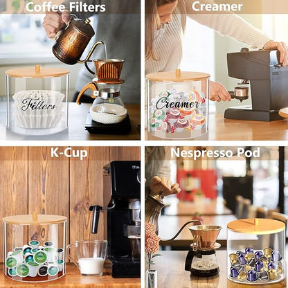 homicozy Coffee Pod Holder with Bamboo Lid, Large Capacity 80-Ounce Clear Countertop Storage for Coffee Capsules, K Cup Organizer for Keurig/Nespresso, coffee filter holder, Coffee Bar Accessories