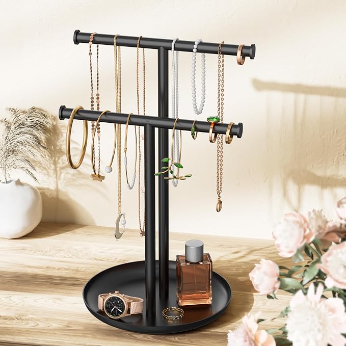 Necklace Rack Stand with Storage Tray - 2 Rods T-Shaped Jewelry Holder Stand for Bracelets, Earrings, Rings | Elegant Vanity & Dresser Top Storage for Women, Black.
