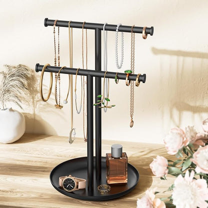 Necklace Rack Stand with Storage Tray - 2 Rods T-Shaped Jewelry Holder Stand for Bracelets, Earrings, Rings | Elegant Vanity & Dresser Top Storage for Women, Black.