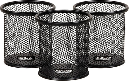 Mind Reader Pen and Accessories Holder, Desktop Organizer, Office, Metal Mesh, 3.5"L x 3.5"W x 3.75"H, Set of 3, Black
