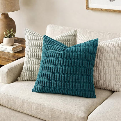 MIULEE Pack of 2 Corduroy Decorative Euro Sham Throw Pillow Covers 24x24 Inch Soft Boho Striped Pillow Covers Modern Farmhouse Home Decor for Summer Coastal Sofa Living Room Couch Bed Teal