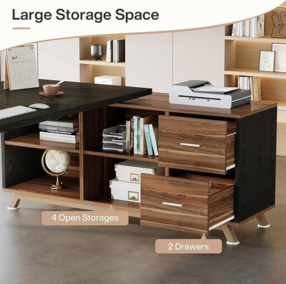 Tribesigns 78.7" L-Shaped Executive Desk, Modern Office Desk with File Drawers & Storage Shelves, Large Computer Desk with 55-Inch Cabinet, Business Workstation for Home Office, Black & Walnut