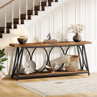 Tribesigns 71-Inch Long Entryway Console Table, 2 Tiers Industrial Narrow Sofa Table Behind The Couch with Storage Shelf and Metal Frame for Living Room, Entrance, Hallway, Brown & Black