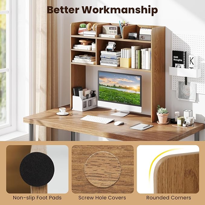Desk Hutch, Desktop Shelf with 6 Shelves, Desk Bookshelf w/Anti-Toppling Devices, Wood Table Top Bookshelf Organizer, Small Desk Shelf for Study, Office, Dorm (Natural, 6 Shelves)