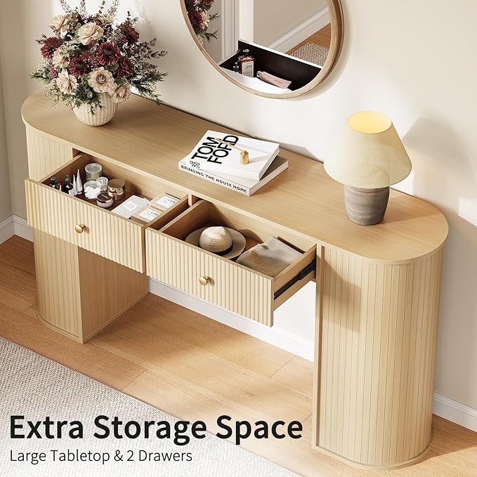 59" Fluted Console Table with 2 Drawers - Wood Entryway Table with Storage, Long Modern Sofa Tables Behind Couch with Curved Leg for Living Room, Entry, Hallway, Entrance, Foyer, Natural