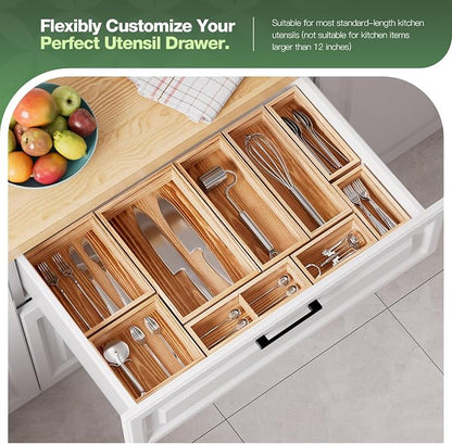 9-Pack Solid Wood Junk Drawer Organizer, Modular Desk Drawer Tray & Accessories with Non-Slip Pad, Multi-Use for Kitchen, Office, Bedroom Dresser, Utensil, Makeup, Stationery, Tea Bags & Coffee Pod