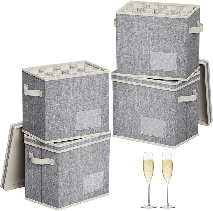 Lifewit 4 Pcs Champagne Flute Storage Box with Dividers, Stackable Cationic Hard Shell Stemware Organizer with 48 Cells, Foldable Dustproof China Containers for Moving, Light Grey