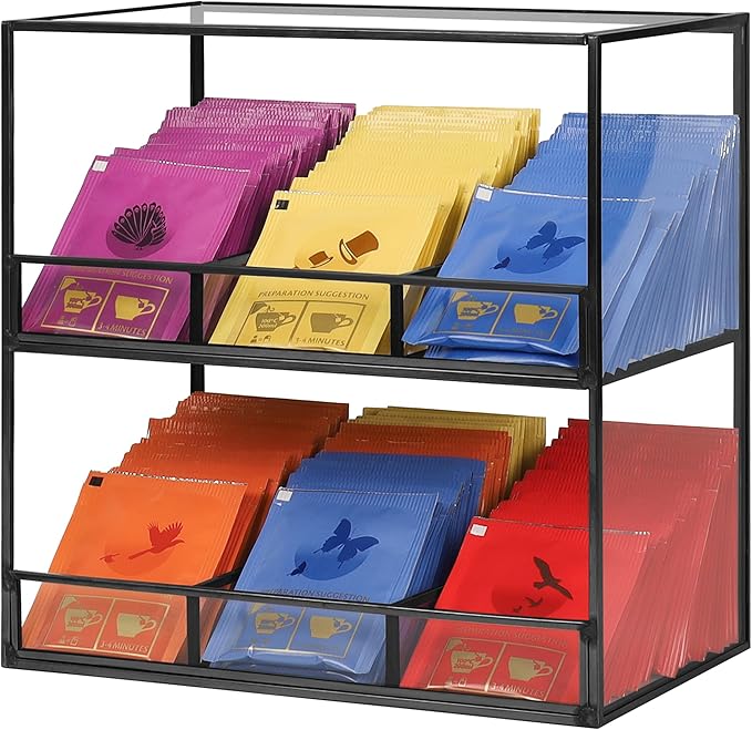 REDHUGO Glass Tea Bag Organizer for Counter, 2-Tier Teabag Organizer Storage Holder for Tea Bags, Glass Caddy Box Containers, Rack Teabag Station Stand for Cabinet Kitchen, 2-Tier, Black