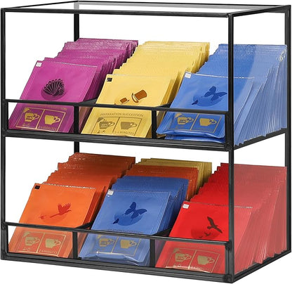 REDHUGO Glass Tea Bag Organizer for Counter, 2-Tier Teabag Organizer Storage Holder for Tea Bags, Glass Caddy Box Containers, Rack Teabag Station Stand for Cabinet Kitchen, 2-Tier, Black