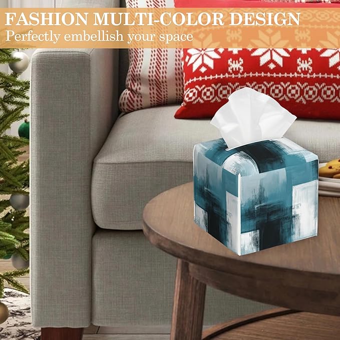 Turquoise Grey Abstract Tissue Box Cover Holder,Leather Tissue Case Holder Facial Paper Organizer Decorative for Tabletop Night Stands Desk Bathroom Kitchen Car Office Home Decor