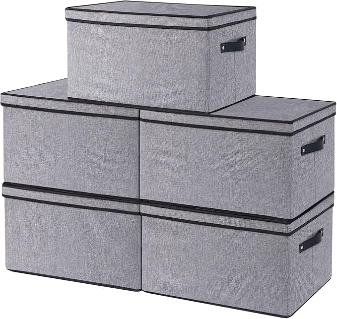 YheenLf Storage Bins with Lids, 7.1 x 9.1 x 13 Inch Closet Organizers for Shoes Towels Books, Storage Boxes with Handles, Gray, 5-Pack