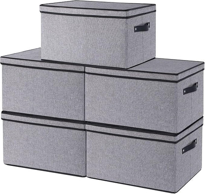 YheenLf Storage Bins with Lids, 7.1 x 9.1 x 13 Inch Closet Organizers for Shoes Towels Books, Storage Boxes with Handles, Gray, 5-Pack