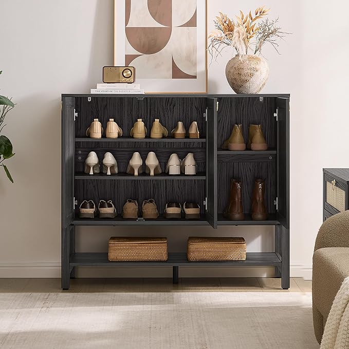 SICOTAS Shoe Cabinet with Storage - 30 Pairs Rattan Shoe Organizer with Adjustable Shelves & 3 Doors, Boho 46'' Wide Shoe Rack Cabinet for Entryway, Hallway, Living Room (Obsidian)