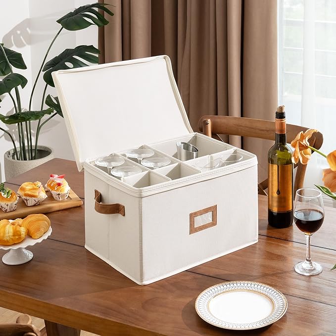 StorageWorks Stemware Storage Cases, Hard Shell Wine Glass Storage Box with Dividers for Glassware, Crystal, and China Holds 12 Standard Size Wine Glasses, 2 Pack, Beige
