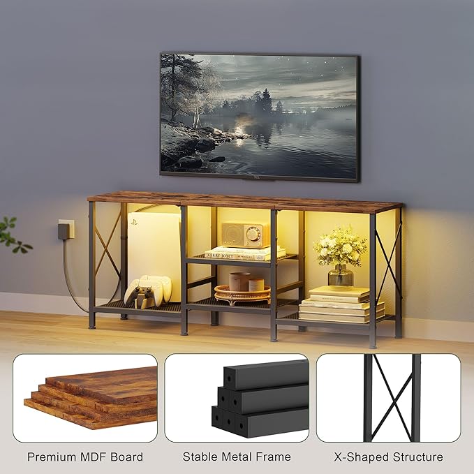 JARHETUN TV Stand with LED Lights for 55 Inch TV, Entertainment Center with 3-Tier Open Shelves, TV Console Table for Living Room, Bedroom, Rustic Brown