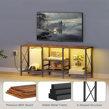 JARHETUN TV Stand with LED Lights for 55 Inch TV, Entertainment Center with 3-Tier Open Shelves, TV Console Table for Living Room, Bedroom, Rustic Brown