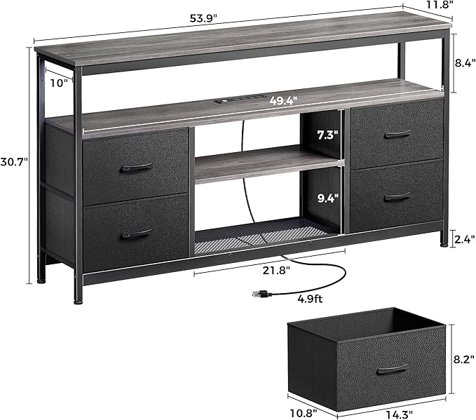 Huuger TV Stand Dresser with Power Outlets and LED Lights, 4 Drawers Entertainment Center with Shelves, 54in Media Console for 55 60 Inch TV, Dresser with PU Finish, Grey and Black