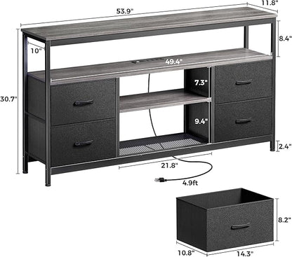Huuger TV Stand Dresser with Power Outlets and LED Lights, 4 Drawers Entertainment Center with Shelves, 54in Media Console for 55 60 Inch TV, Dresser with PU Finish, Grey and Black