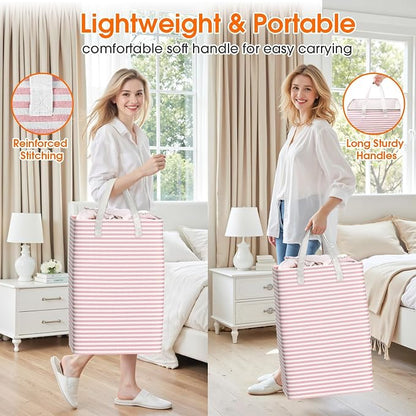 3 Pack Large Laundry Basket,Waterproof & Freestanding Laundry Hamper,Collapsible Clothes Hampers with Easy Carry Long & Reinforced Handles in Bathroom,College Dorm(125Lx3,Pink)