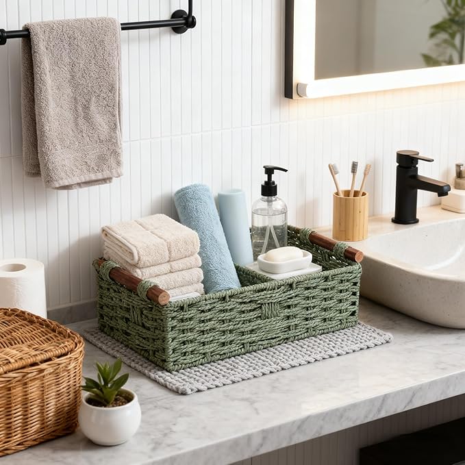 Toilet Paper Basket, Green Wicker Storage Basket with Wooden Handles, Handwoven Paper Rope Toilet Tank Top Organizer, Countertop Basket for Top of Toilet, Wicker Bathroom Baskets for Organizing