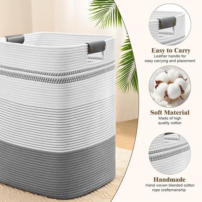 Degeyoyo Laundry Hamper, 85L Tall Laundry Basket with Leather Handles, Rectangle Large Clothes Hamper for Organizing, Cotton Woven Laundry Baskets Storage Hampers for Bedroom, Nursery, Living Room