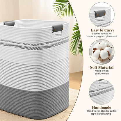 Degeyoyo Laundry Hamper, 85L Tall Laundry Basket with Leather Handles, Rectangle Large Clothes Hamper for Organizing, Cotton Woven Laundry Baskets Storage Hampers for Bedroom, Nursery, Living Room