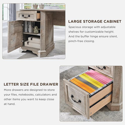 T4TREAM 59" Executive L Shaped Desk with Drawers,Farmhouse Wood Computer Coner Desk, Featuring Charging Station,File Drawer, Storage Cabinet,for Home Office Work and Study (Light Rustic Oak)