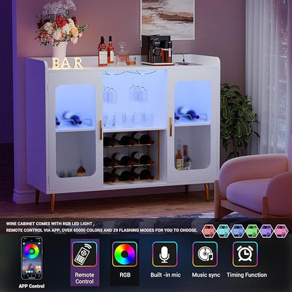 Liquor Cabinet Bar with Power Outlet and LED Light, Wine Bar Cabinet with Wine and Glasses Rack, Home Coffee Bar Cabinet, Buffet Sideboard with Storage Shelf for Kitchen, Dining Room, White