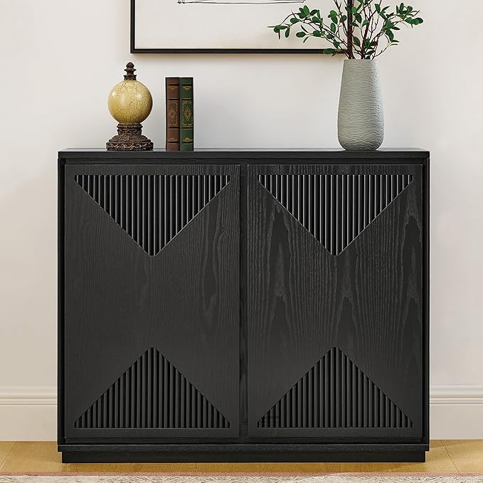 LKTART Mid Century Modern Sideboard Buffet Storage Cabinet with Doors and Shelves,Wood Coffee Bar Storage Cabinets for Kitchen, Dining Room, Living Room-Black