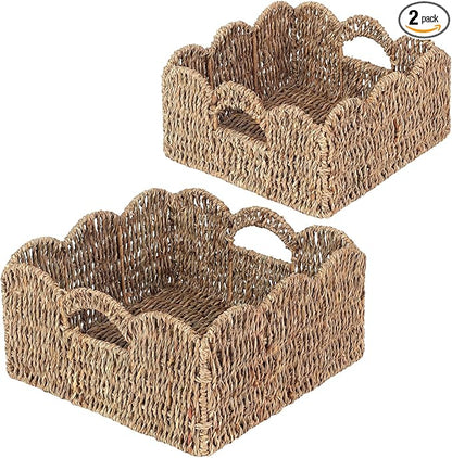 Scalloped Baskets (Natural-Set of 2) Seagrass Basket For Decor, Basket Living Room Organizer, Bathroom, Bedroom, Laundry,... Seagrass Storage Baskets with Built-in Handles.