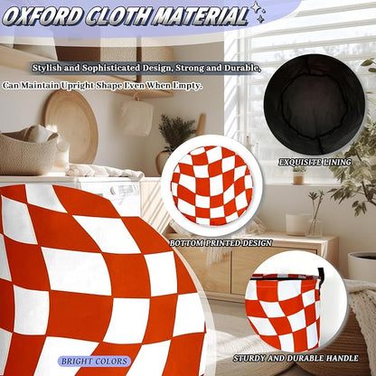 Orange Checkerboard Laundry Hamper Foldable Oxford Cloth Colorful Plaid Laundry Basket With Handle Portable Clothes Storage Organizer Basket 18.9"x16.5" Storage Bag For Laundry Room/Bathroom/Bedroom