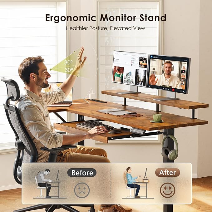 OffiGo 55 Inch L Shaped Electric Standing Desk with Keyboard Tray, Reversible Height Adjustable Corner Computer Desk with Monitor Stand, Sit Stand Up Lift Table for Home, Office, Rustic Brown