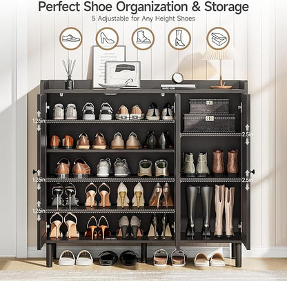 ONBRILL Shoe Cabinet with 3 Doors and Adjustable Shelves, 30 Pairs Shoe Storage Cabinet, 40 Inch Tall Farmhouse Shoe Rack Shoe Organizer Cabinet for Entryway Living Room Closet, Black