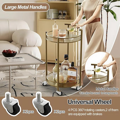 Bar Cart Gold Rolling Cart for Home,2 Tiers Bar Serving Cart Round Wine Cart with Handle, Metal Wine Rack and Casters, Serving Bar Trolley for Home Kitchen,Living Room,Christmas,New Year