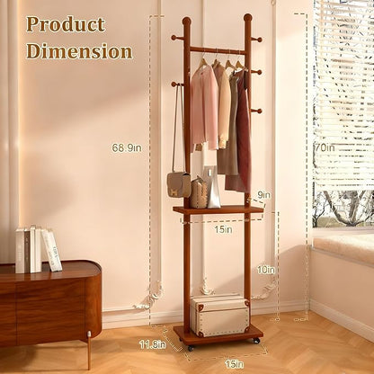 Coat Rack Freestanding Solid Wood Clothing Rack with Wheels & 2 Storage Shelves & 5 Hooks,Rotary Heavy Duty Wood Coat Tree Stand Hat Hanger Rack for Entryway Bedroom Living Room Corner(Walnut)