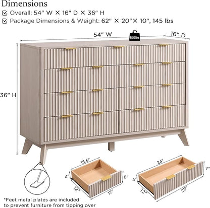 T4TREAM Fluted 9 Drawers Dresser, 54" Wide Modern Chest of Drawers, Curved Profile Design, Dresser TV Stand, Wood Drawer Organizer for Bedroom, Living Room, Hallway, White Alder