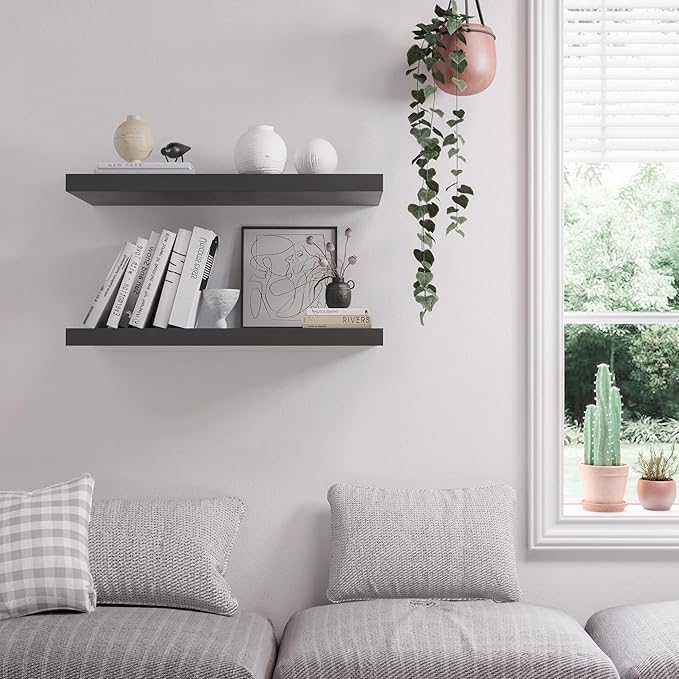 JPND Floating Shelf, Set of 3 Wall Shelf, 30 in W x 12.75 in D x 2 in H Wooden Floating Wall Shelf with Invisible Brackets for Living Room/Bedroom/Bathroom/Kitchen Storage and Decor, Black