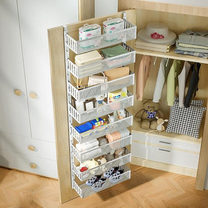 8-Tier Over The Door Pantry Organizer with Mesh Baskets, Adjustable & Stable Hanging Spice Rack for Kitchen, Bathroom, Bedroom, and Baby Essentials Storage (16" W 8-Tiers, White)