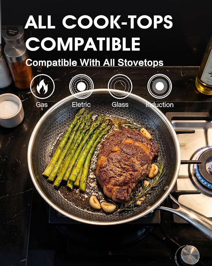 10 Inch Non Stick Frying Pan with Lid, Hybrid Nonstick Stainless Steel Skillet Pan with Stay-cooling Handle, PFOA Free Non Toxic Dishwash & Oven Safe Kithchen Cookware Set Compatible All Cooktops