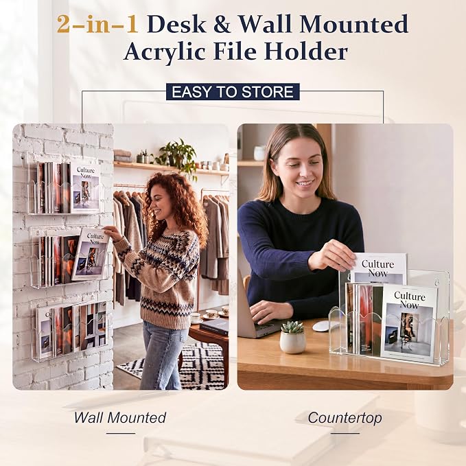 2 Pack Scalloped Acrylic File Holder Wall Mount Self Adhesive, 13 x 9.5 Inch Brochure Holder for A4 Pocket Storage Letter Folders Magazine Mail Organizer Literature Display