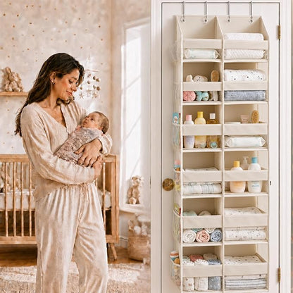 HOMELUX THEORY UPGRADED 6 Tiers Over The Door Organizer Hanging - 100D EXTRA THICK & 50lbs HUGE CAPACITY, 12 Side Mesh Pockets Over The Door Shoe Organizer, Hanging Closet Organizer (Ivory, XL)