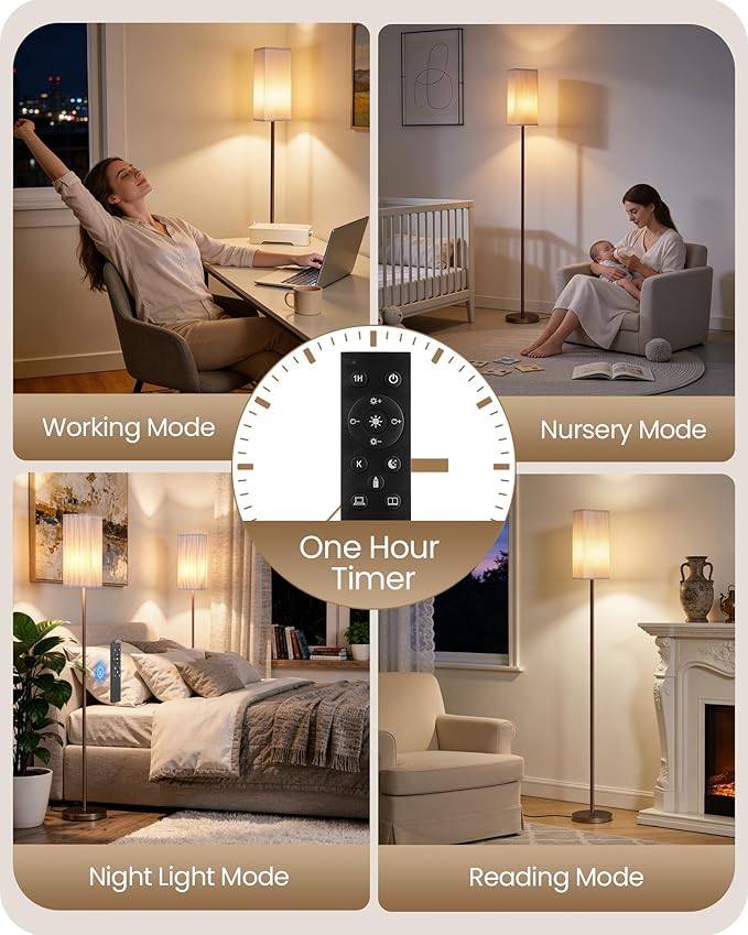 64.2” Dimmable Floor Lamp for Living Room with Remote and Foot Switch, Corner Floor Lamp for Bedroom, Includes 10W A19 Bulb, Modern Standing Tall Lamp, ETL Listed, Brown and White VCW17LD05