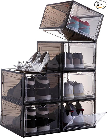 Attelite Shoe Box,Set of 6,Stackable Plastic Clear Shoe Box Organizer with Magnetic Door,Shoe Storage Box Thicken Sturdy,Easy Assembly,Fit up to US Size 12,Black