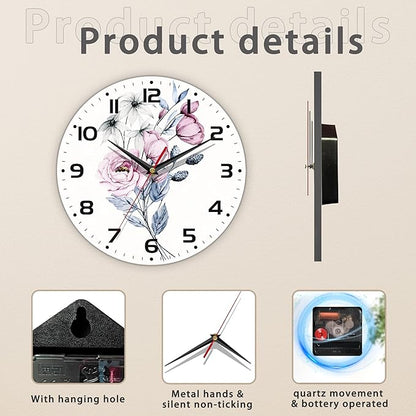 Clock for Living Room, Watercolor Floral Wall Clock, Contemporary Home Decor Easy to Read Wall Clock for Living Room, Bedroom, Bathroom and Kitchen, 10 Inch