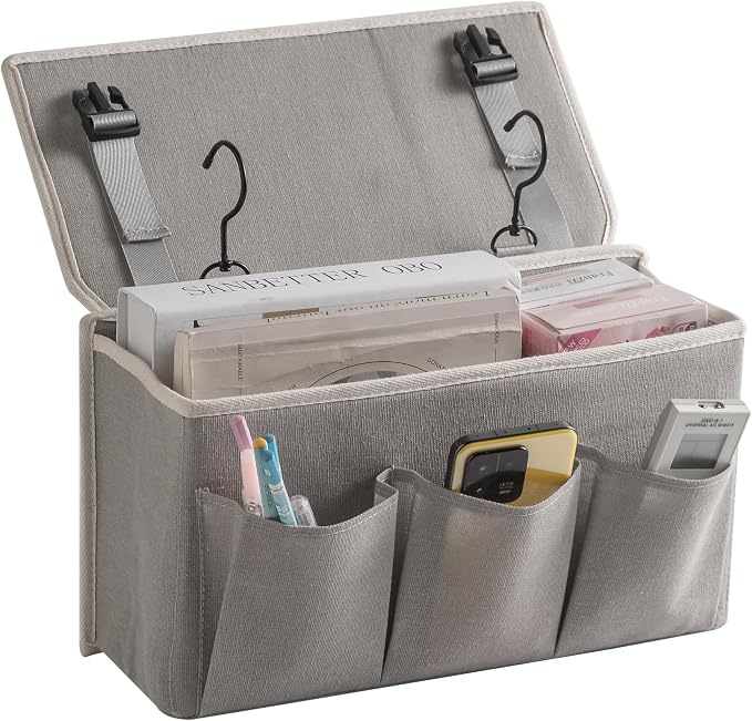 Bedside Caddy/Bedside Storage Organizer Hanging Bag with Three Options,Suitable for home beds, sofas, and dormitory beds—can hold magazines, books, phones, iPads, remote controls. (Gray)