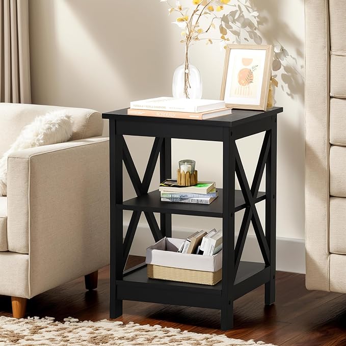 MAISON ARTS Black End Tables, Living Room End Tables Set of 2, Farmhouse Small Side Table, 3-Tier Modern Bed Side Table Nightstands for Bedroom