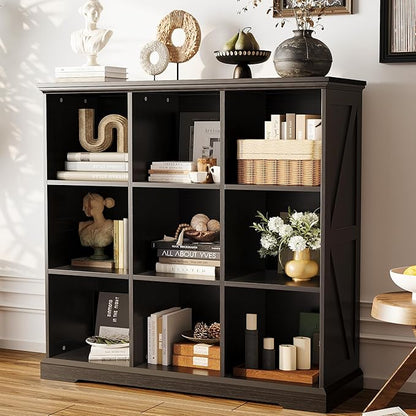 IRONCK Wooden 9 Cube Storage Organizer, Cube Shelf Organizer with Storage, Farmhouse Short Bookshelf for Bedroom, Living Room and Home Office, Black