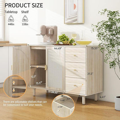 Beige 2 Door 3 Drawer Rattan Cabinet, Accent Storage Cabinets with Cane Door, Stylish Boho Buffet Table with Storage,Black Rattan Cabinet Wood Credenza for Dining Room,Bathroom,Study,Kitchen