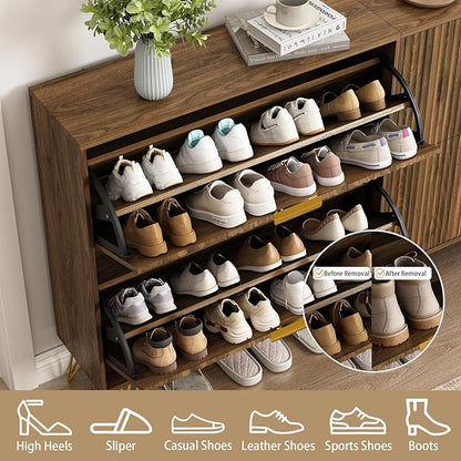 Shoe Cabinet with 2 Flip Drawers Walnut, Fluted Shoe Cabinet Storage for Entryway Slim, Mid Century Narrow Shoe Organizer, Modern Freestanding Shoes Rack for Entryway, Walnut